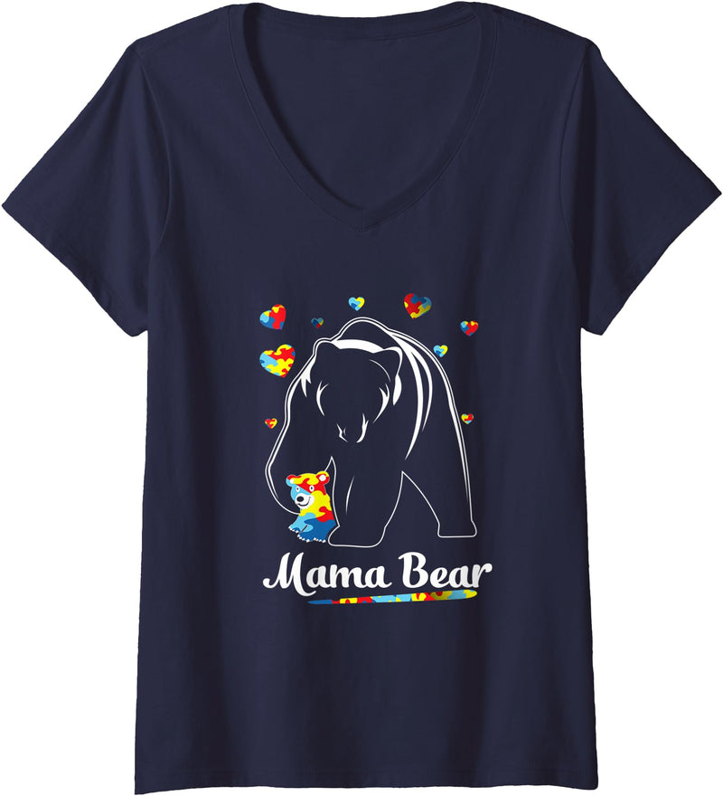 Autism Bear T-shirts Womens Autism Mom Mama Bear Mother’s Day Cute Autism Matching V-Neck T-Shirt - Navy Blue