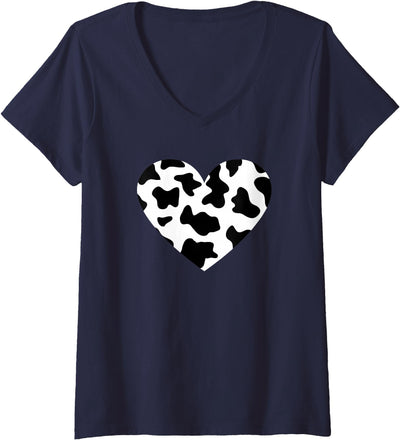 Womens Awesome Cow Print Black White Print Heart V-Neck T-Shirt