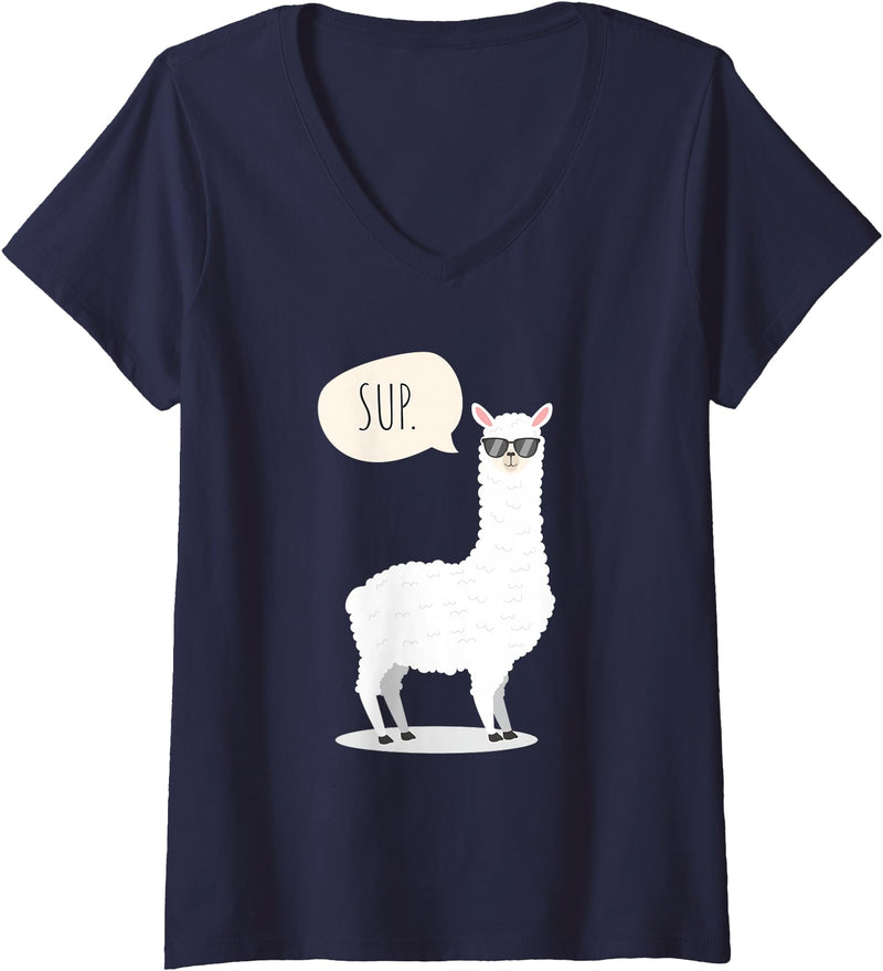 Funny & Cute Llama Gifts by OMG Womens Sup No Drama Llama Alpaca V-Neck T-Shirt - Navy Blue