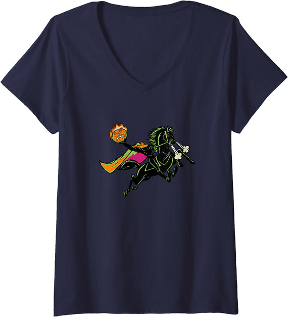 Womens Disney Sleepy Hollow Halloween Headless Horseman Retro V-Neck T-Shirt - Navy Blue