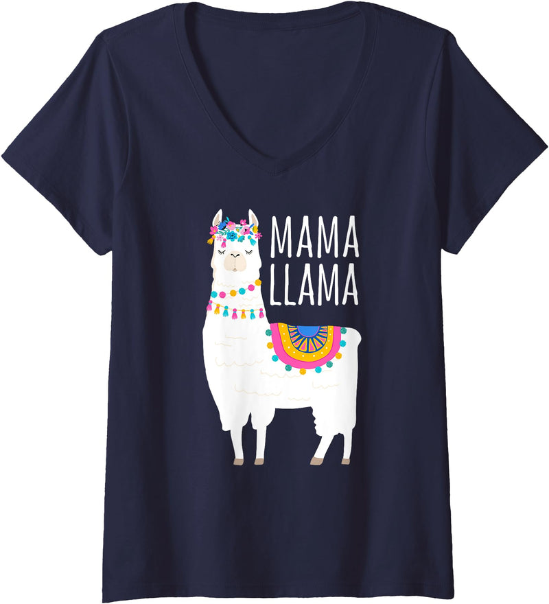 Mama Llama Lover Gifts by Memme Womens Mama Llama Shirt for Women V-Neck T-Shirt - Navy Blue