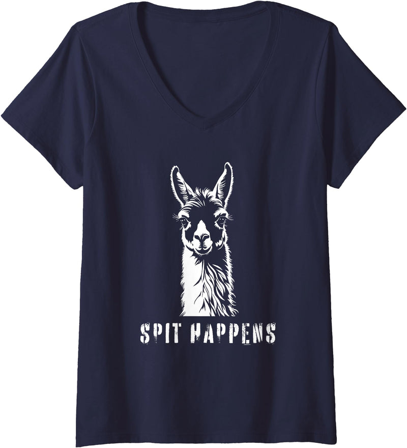 Womens Funny Llama Spit Happens - Llama Drama V-Neck T-Shirt - Navy Blue