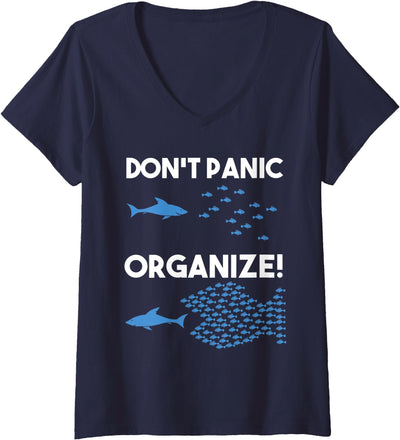 Womens Don't Panic Organize Fish Swarm Shark V-Neck T-Shirt