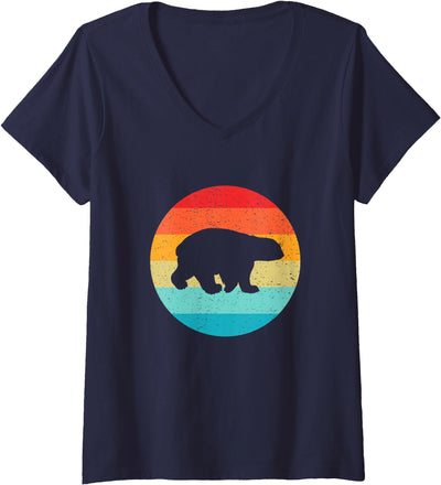 Women's Polar Bear Silhouette Retro Vintage Sunset 80s Distressed V-Neck T-Shirt
