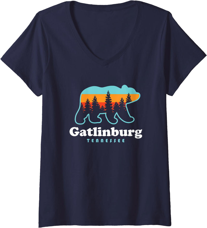 Great Smoky Mountains TN Travel Womens Gatlinburg Tennessee Bear Great Smoky Mountains V-Neck T-Shirt - Navy Blue