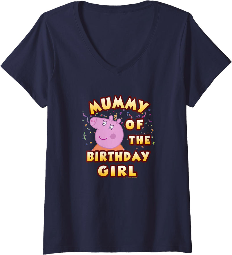 Womens Peppa Pig Mummy of The Birthday Girl V-Neck T-Shirt Small - Navy Blue
