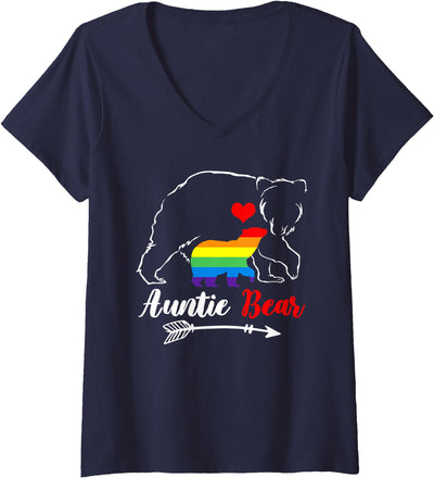 Womens LGBT Auntie Bear Aunt Gay Pride Proud Mom Mother's Day V-Neck T-Shirt