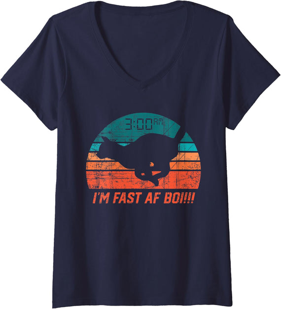 Womens I'm Fast AF Boi Funny Cat Meme Retro Vintage Distressed V-Neck T-Shirt - Navy Blue