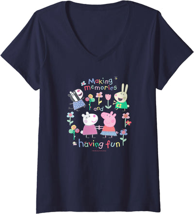 Womens Peppa Pig Making Memories And Having Fun Garden Party Sketch V-Neck T-Shirt