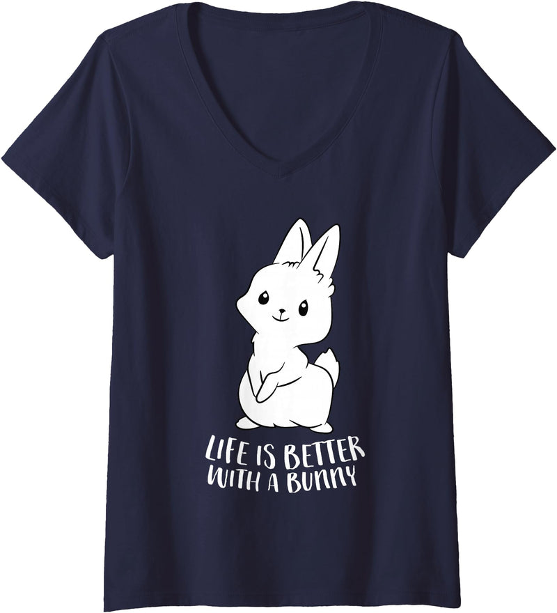 Womens Life Is Better with a Bunny Cute Bunny Rabbit V-Neck T-Shirt in Navy Blue