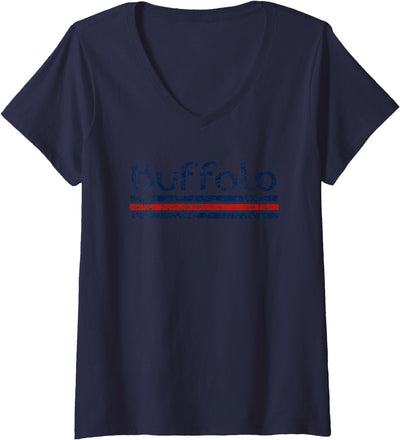 Cow Buffalo New York Retro Vintage Weathered Stripe V-Neck T-Shirt