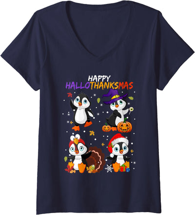 Ambition Hallothanksmas Penguin Turkey Witch Santa Womens Penguin Happy Hallothanksmas Halloween Thanksgiving Xmas V-Neck T-Shirt