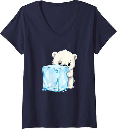 Women's Adorable Baby Polar Bear Hugging Big Ice Cube V-Neck T-Shirt
