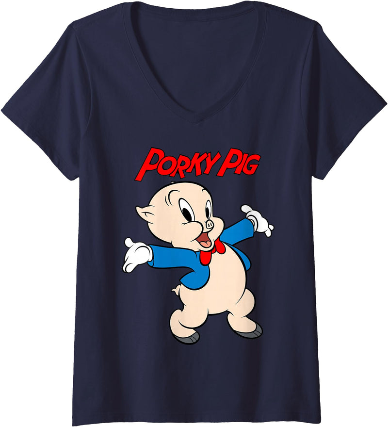 Womens Looney Tunes Porky Pig Vintage Portrait V-Neck T-Shirt - Navy Blue