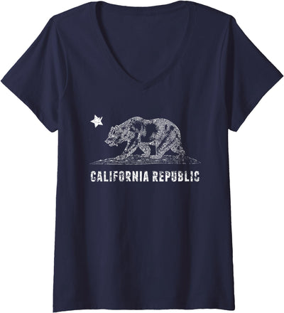 Womens CA Republic , Bear & Star | Distressed California State V-Neck T-Shirt