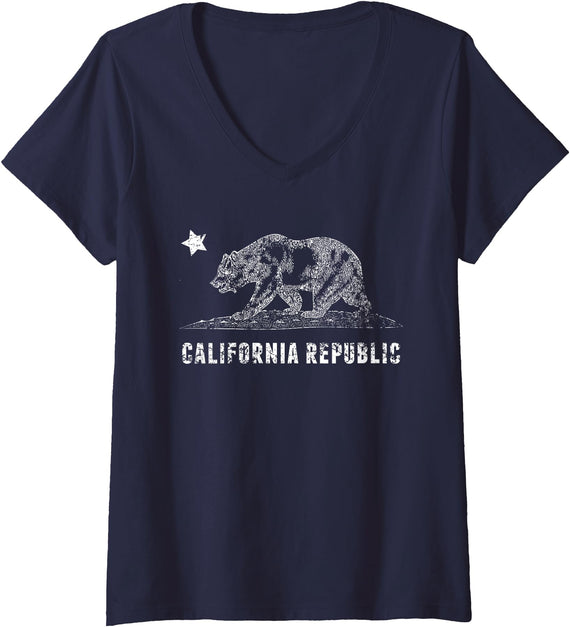 California Republic Shirts Womens CA Republic Shirt, Bear & Star | Distressed California State V-Neck T-Shirt - Navy Blue