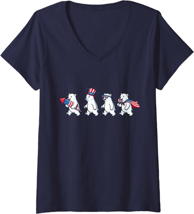 Women's Funny Polar Bear American USA Flag 250 Years 4th of July V-Neck T-Shirt