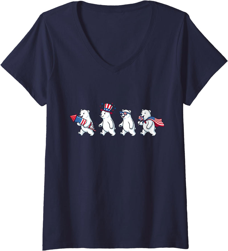 Polar Bear Lover Patriotic Veterans Day Costume Women's Funny Polar Bear American USA Flag 250 Years 4th of July V-Neck T-Shirt - Navy Blue