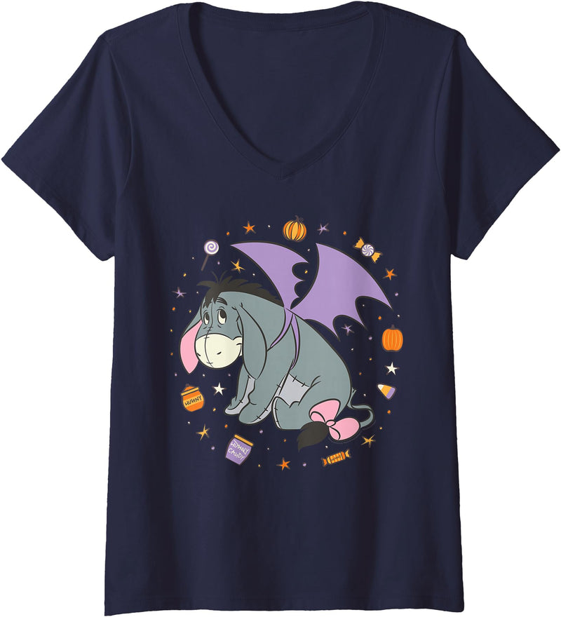 Women's Disney Winnie the Pooh Halloween Eeyore Trick-or-Treat Candy V-Neck T-Shirt - Navy Blue