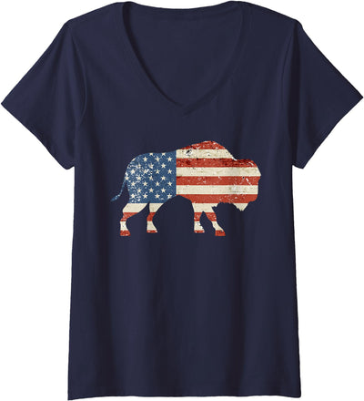 Buffalo Usa American Flag Bison 4th of July Women's V-Neck T-Shirt