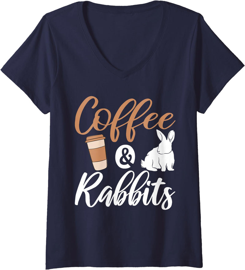Womens Coffee and Rabbits Cute Rabbit Lover V-Neck T-Shirt in Navy Blue