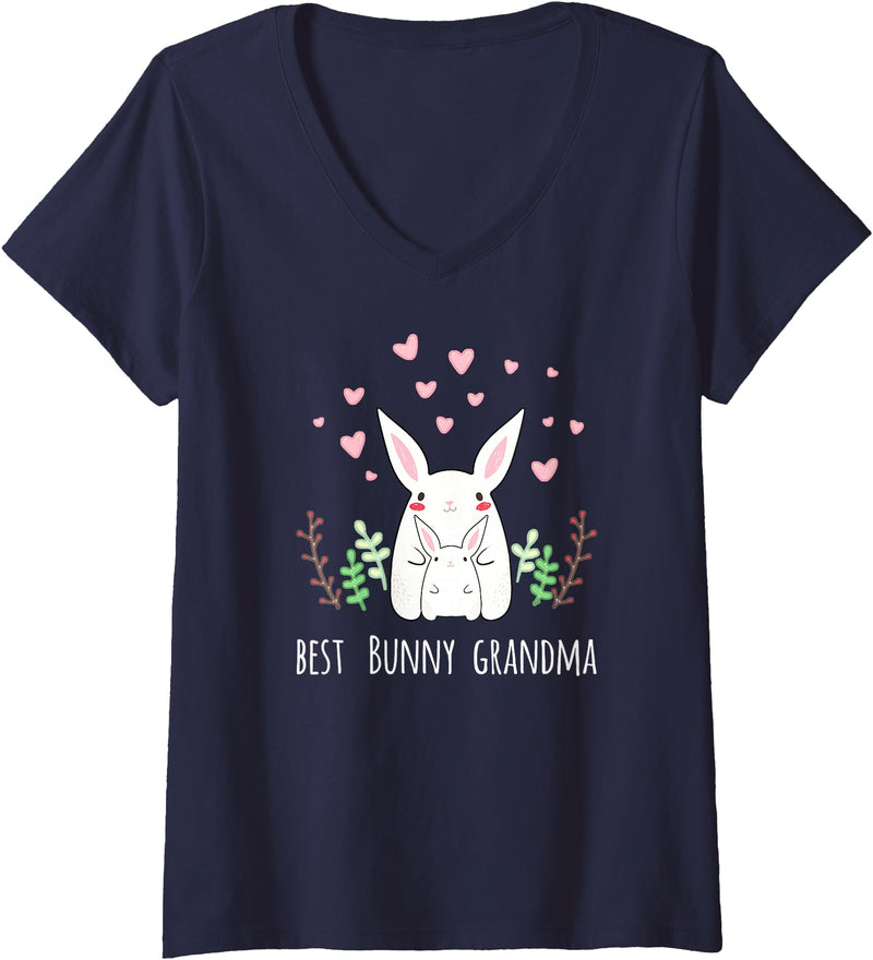 Women's Cute Bunny Grandma Rabbit Grandmother V-Neck T-Shirt in Navy Blue