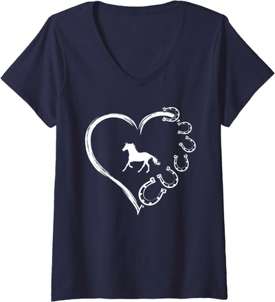 Funny Horseshoe Heart Shirt Cute Horse Mom Gift Women's Cute Horse Love Horseshoe Heart Funny Horse Mom Women Girls V-Neck T-Shirt