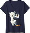 Penguin and Polar Bear Hug Antarctica Animals Womens Cute Polar Bear and Penguin Arctic Animal Lover Hugging V-Neck T-Shirt - Navy Blue