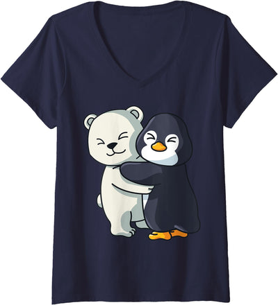 Penguin and Polar Bear Hug Antarctica Animals Womens Cute Polar Bear and Penguin Arctic Animal Lover Hugging V-Neck T-Shirt