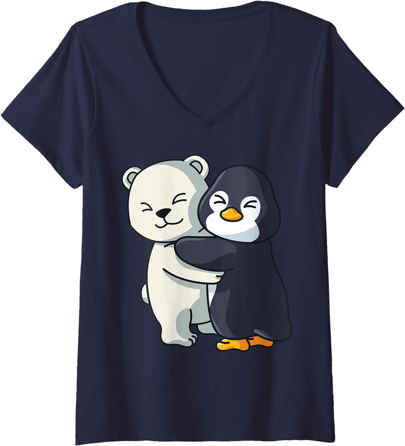 Penguin and Polar Bear Hug Antarctica Animals Womens Cute Polar Bear and Penguin Arctic Animal Lover Hugging V-Neck T-Shirt - Navy Blue