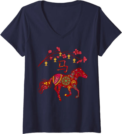 Year of Horse Chinese Zodiac Design Women's 2026 Year of Horse Chinese Zodiac Cherry Blossoms V-Neck T-Shirt