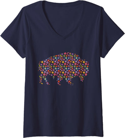 Womens Floral Bison Flower Pattern American Buffalo V-Neck T-Shirt