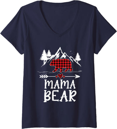 Mama Bear Christmas Pajama Red Plaid Buffalo Matching V-Neck T-Shirt