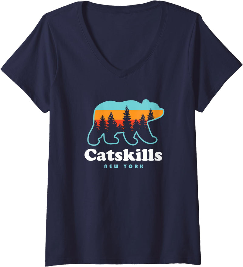 Catskill Mountains Womens Catskills NY Bear Mountains Camping Hiking New York V-Neck T-Shirt - Navy Blue