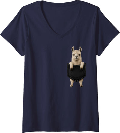 Funny Llama in Pocket Women's Llama Lover Cute Pocket V-Neck T-Shirt