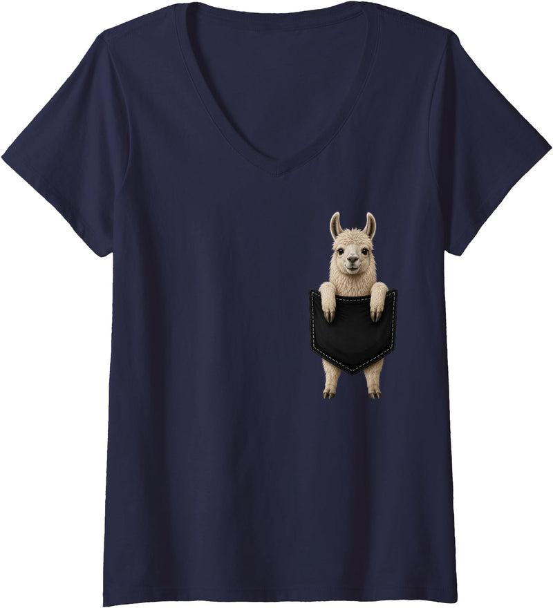 Funny Llama in Pocket Women's Llama Lover Cute Pocket V-Neck T-Shirt - Navy Blue