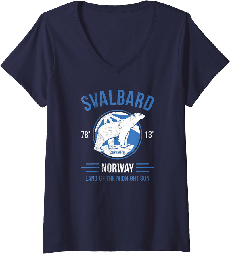 Svalbard T-Shirt Co. Womens Svalbard Polar Bear Aurora | Longyearbyen Spitsbergen Norway V-Neck T-Shirt - Navy Blue