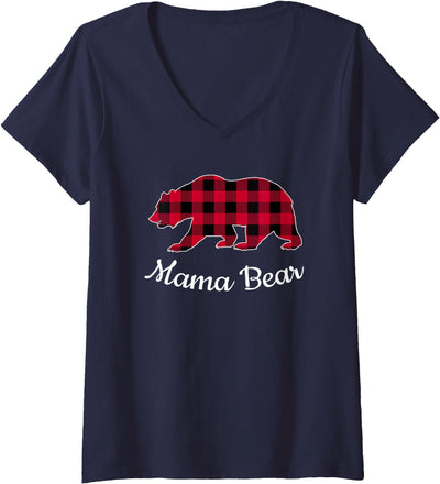 Papa Mama Bear Womens Pajama Red Buffalo Plaid V-Neck T-Shirt