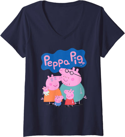 Womens Peppa Pig 20th Anniversary Whole Family Portrait V-Neck T-Shirt