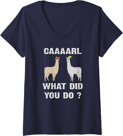 GenX Gear Women's Funny Llamas Carl What did You Do? CAAAARL with Hats Meme V-Neck T-Shirt