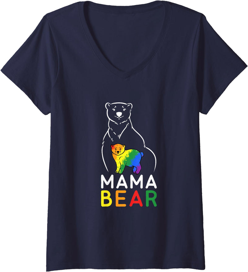 Pride Month Merch Gifts Women's LGBT Mama Bear Gay Pride Equal Rights Rainbow V-Neck T-Shirt - Navy Blue