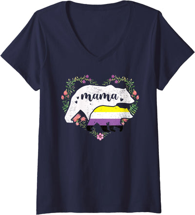 Womens LGBTQ Mama Bear Non Binary Gay Equal Rights Rainbow V-Neck T-Shirt