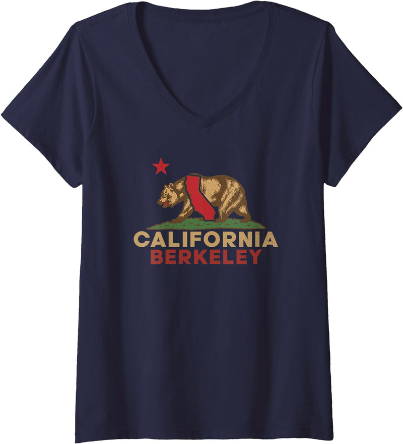 California Bear Vintage Berkeley West Coast Women's Berkeley California Vintage Bear Retro State Pride V-Neck T-Shirt - Navy Blue