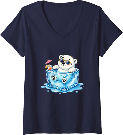 Women's Chill Polar Bear in Ice Cube Summer Mood V-Neck T-Shirt