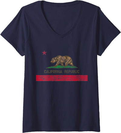 Women's Vintage 1846 California Bear Republic California Flag V-Neck T-Shirt