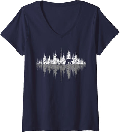 Womens Trees Reflection Wildlife Nature Animal Bear Outdoor Forest V-Neck T-Shirt