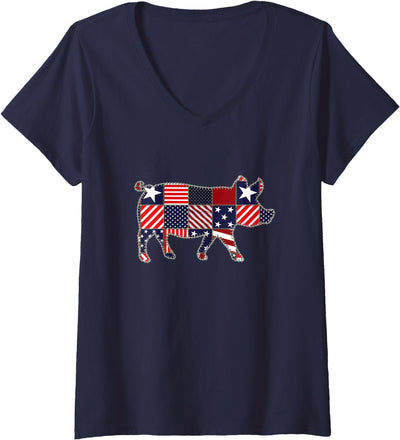 Womens Pig Lover 4th of July Patchwork American Flag Women Girls V-Neck T-Shirt