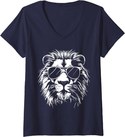Womens Lion Sunglasses Graphic V-Neck T-Shirt