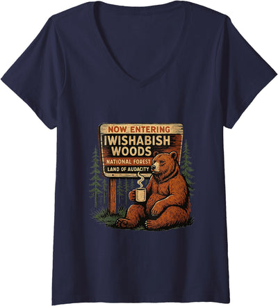Women's I Wish A Bish Woods Funny Bear Vintage Design V-Neck T-Shirt