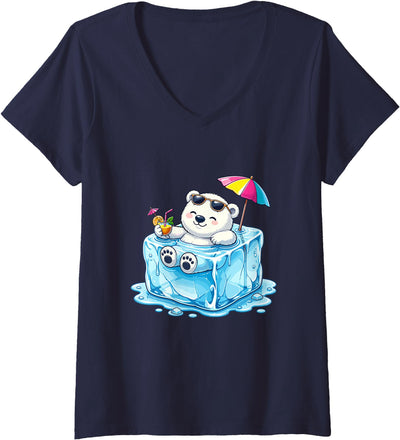 Women's Chill Polar Bear On Ice Cube Summer Vacation V-Neck T-Shirt